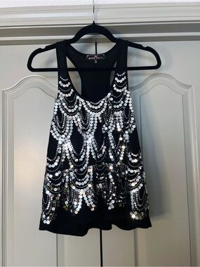 Y2K Sequin Tank Top Black Silver Beaded Racerback Party Top Size S